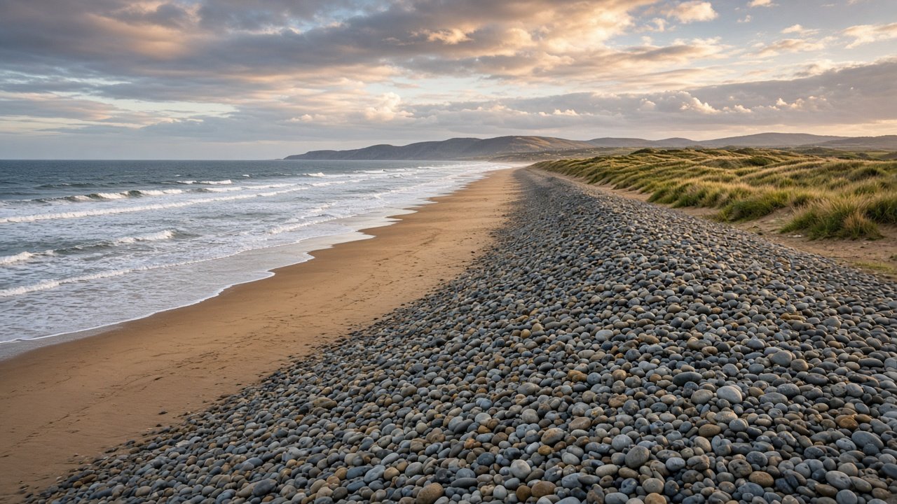 Westward Ho! pebble ridge and Atlantic coastline in North Devon